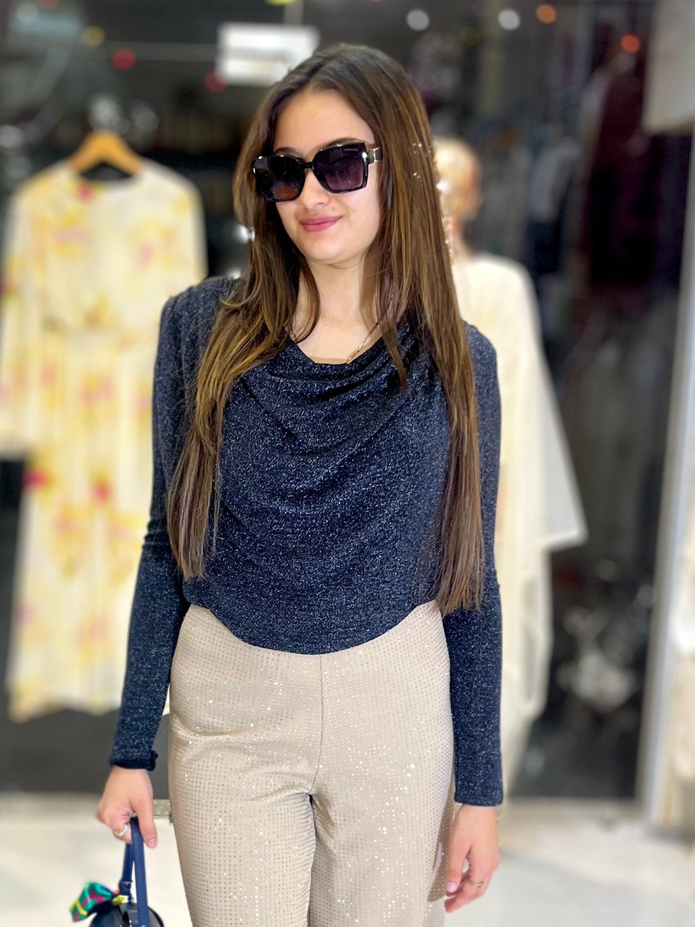 shimmer cowl neck top