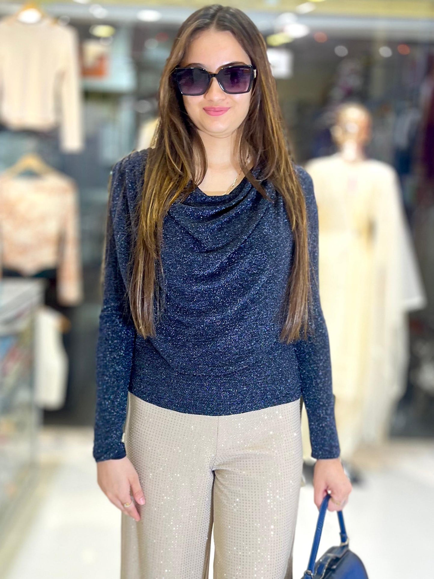 shimmer cowl neck top