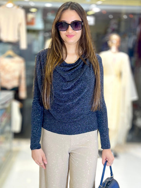 shimmer cowl neck top